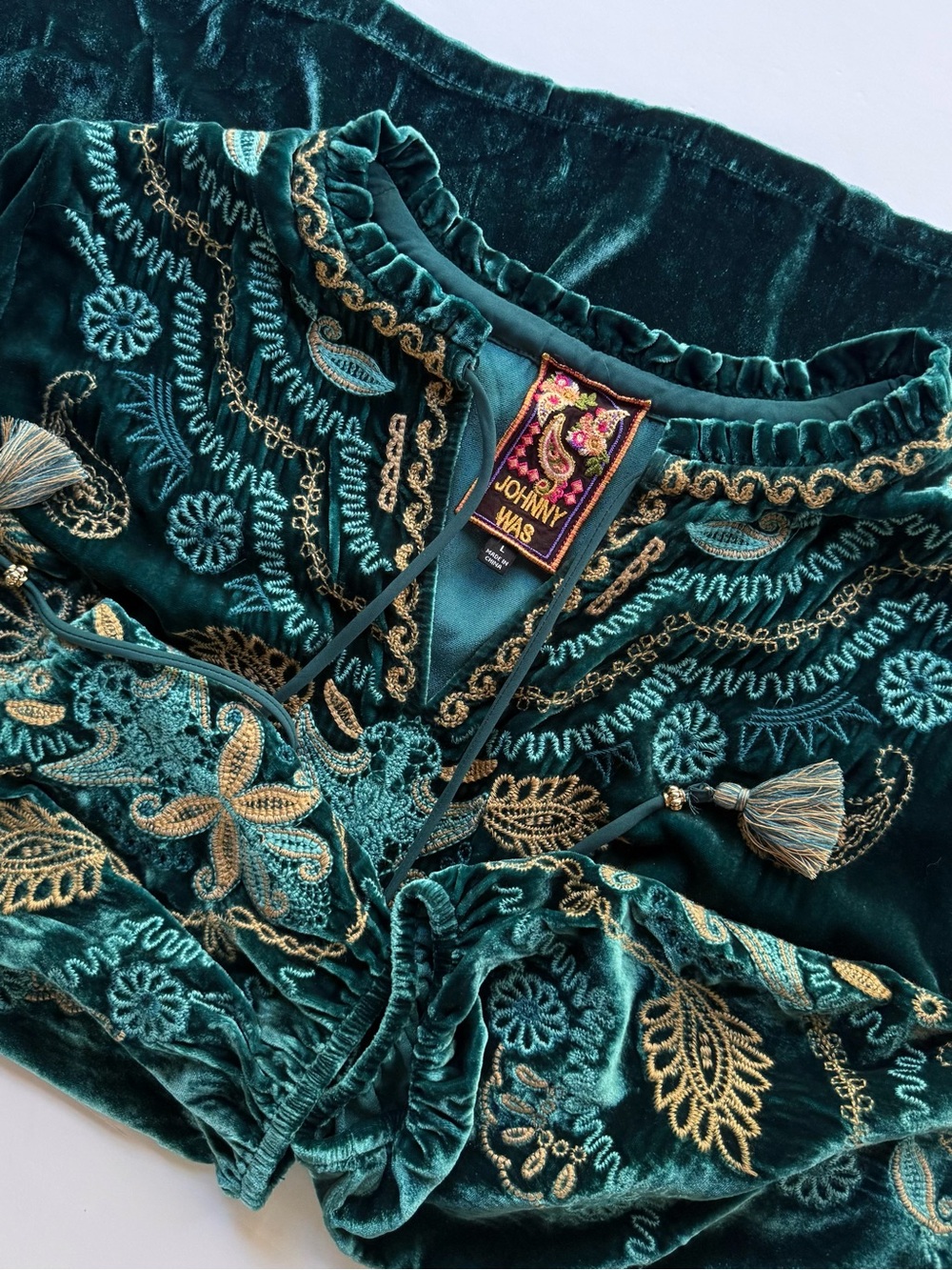 Johnny Was Shira Velvet Field Blouse Peacock Teal Blue Green L $348 - Picture 11 of 15